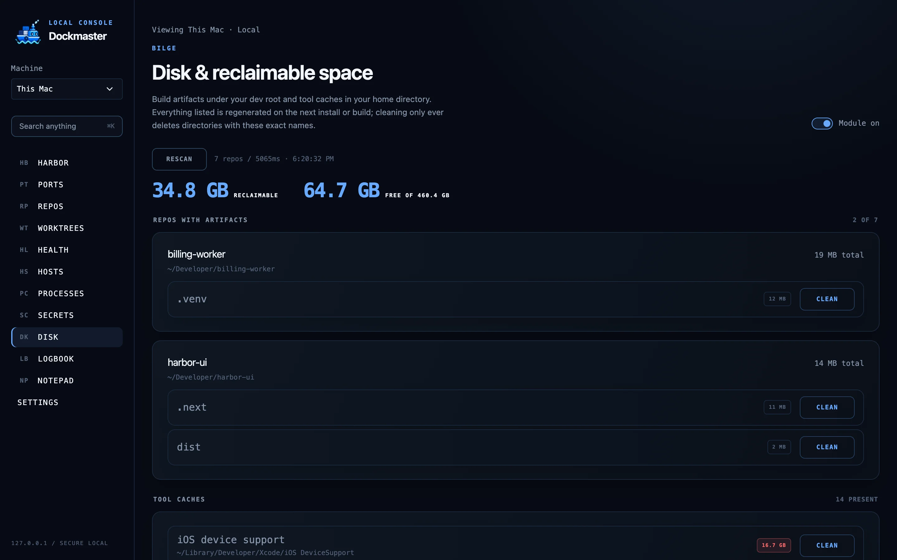 Disk page showing reclaimable build artifacts and caches