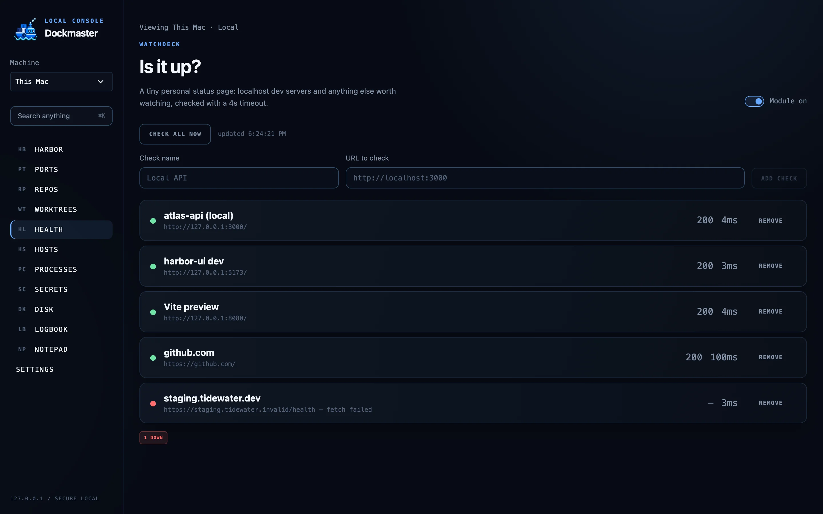 Health page with status and latency per check