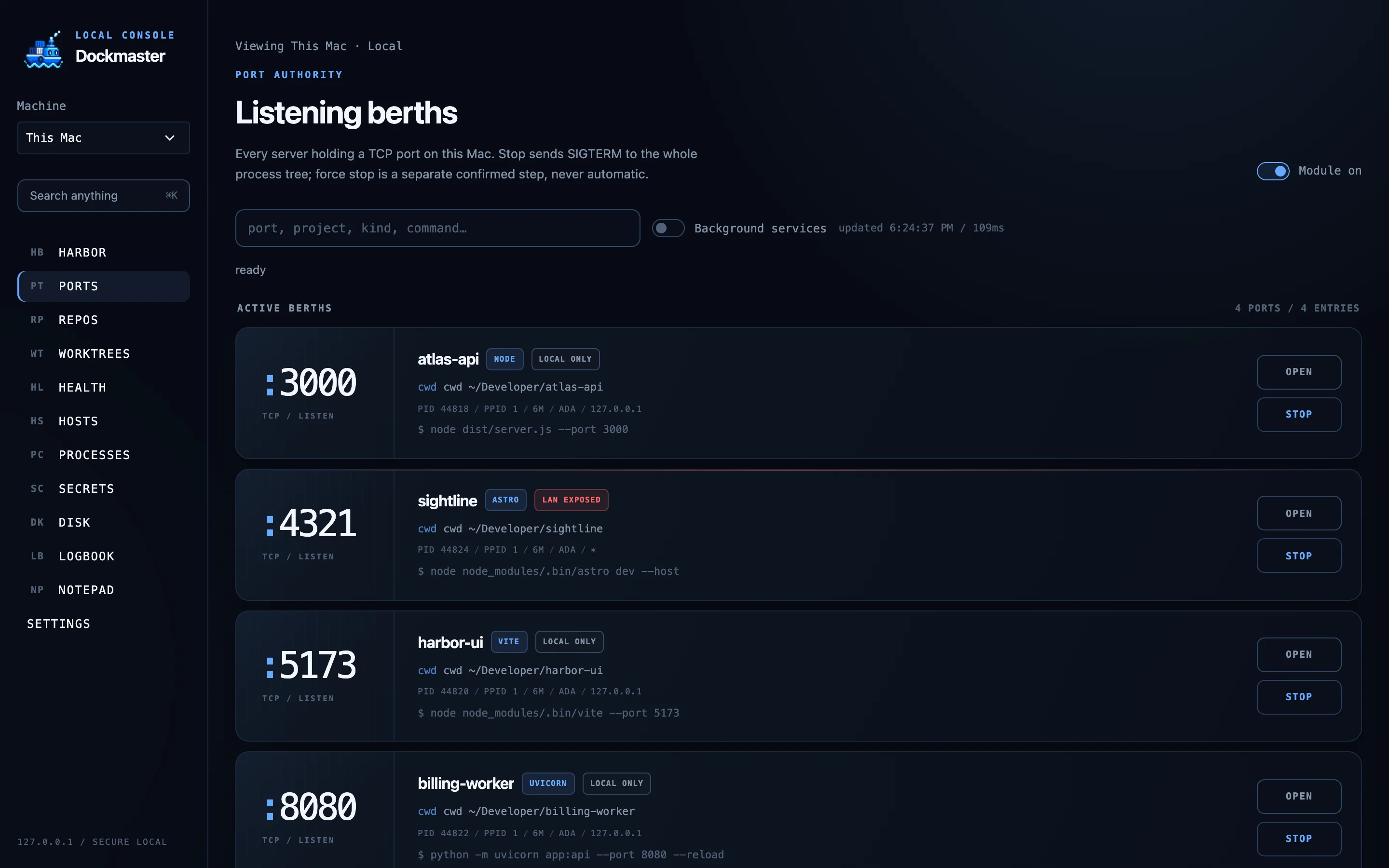Ports page listing dev servers with stop buttons
