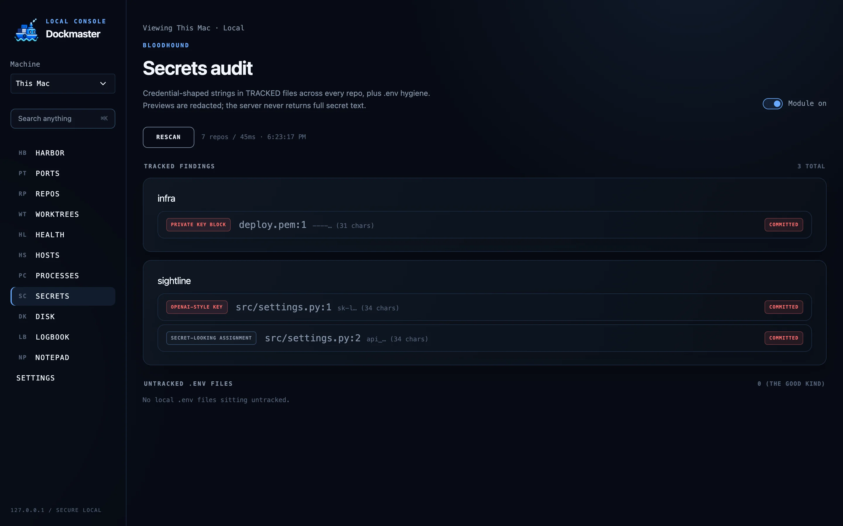 Secrets audit page with redacted findings