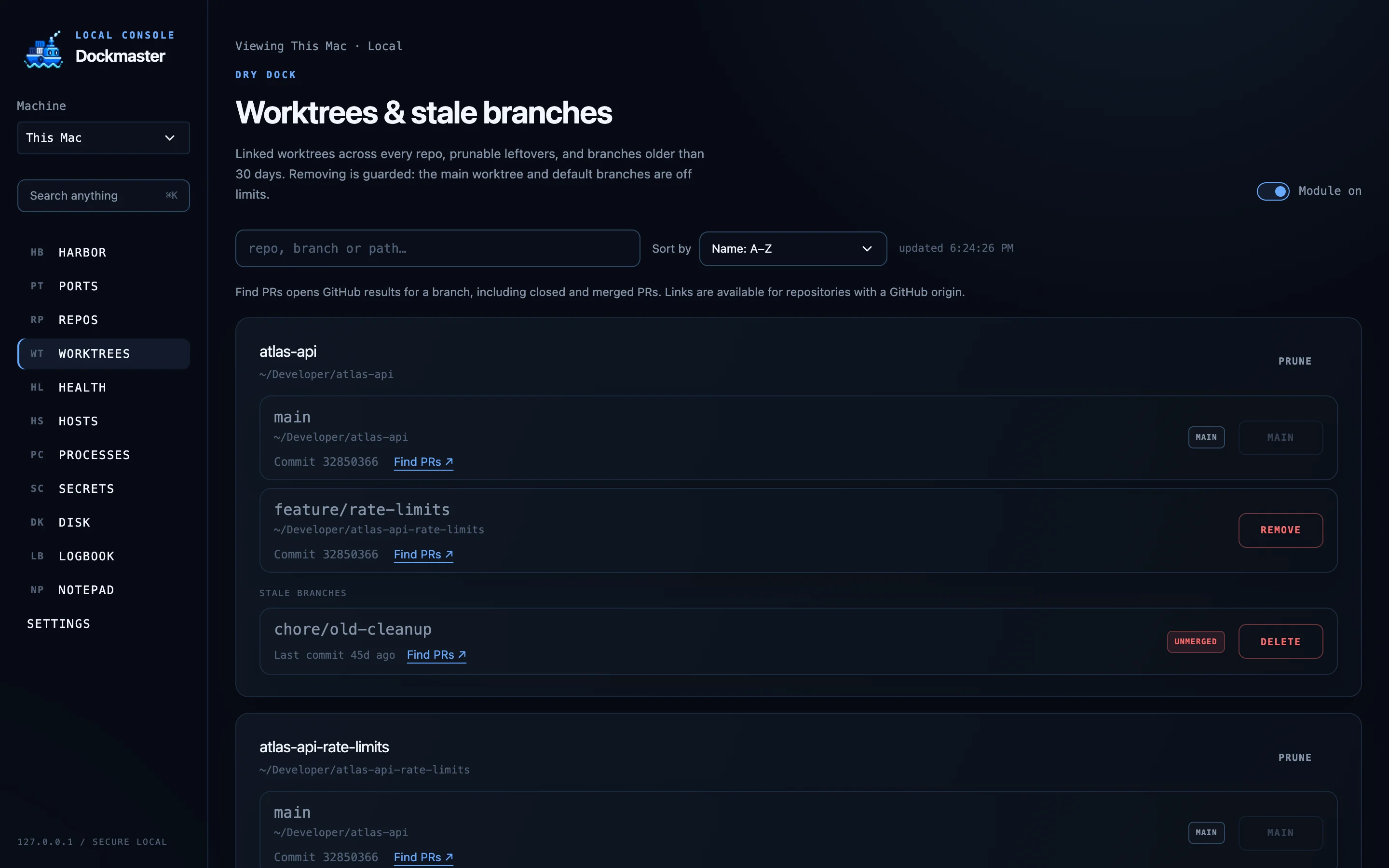 Worktrees and stale branches page